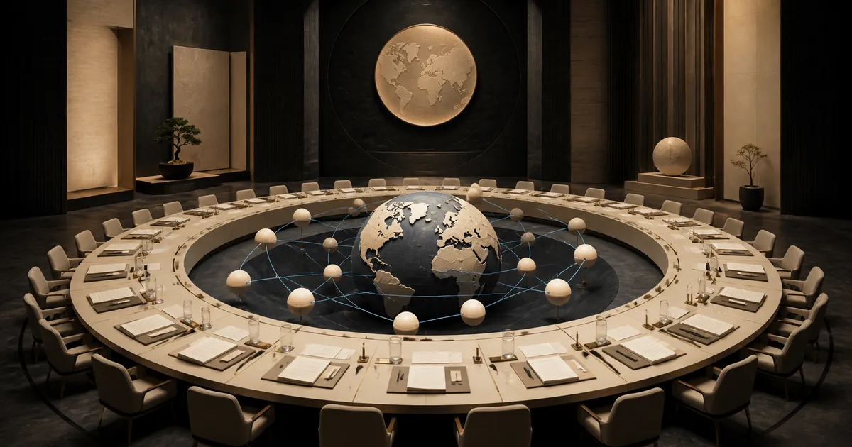 Global AI policy forum with institutional readiness and connected governance nodes